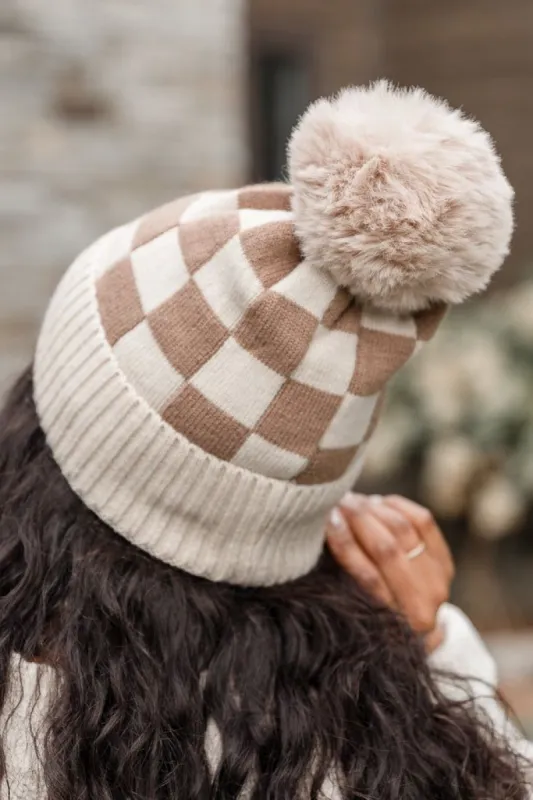 Tan and Cream Checkered Beanie sold by Pink Lily