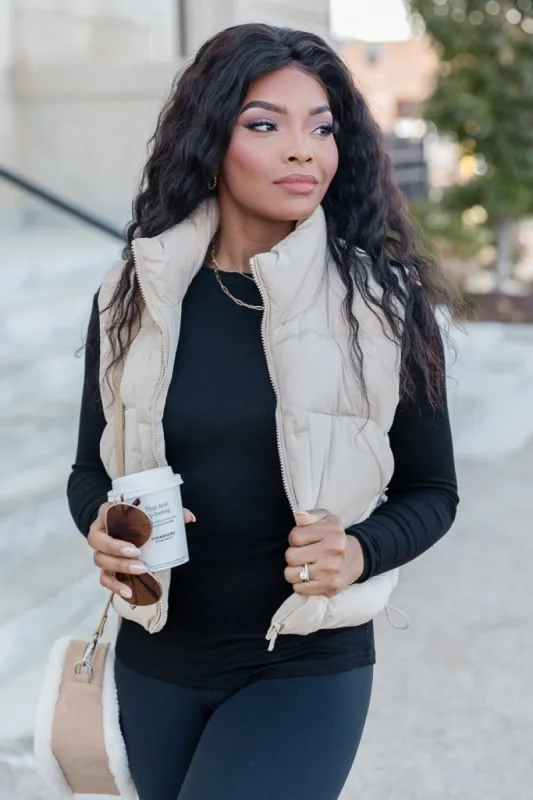 Sights To See Khaki Cropped Puffer Vest sold by Pink Lily