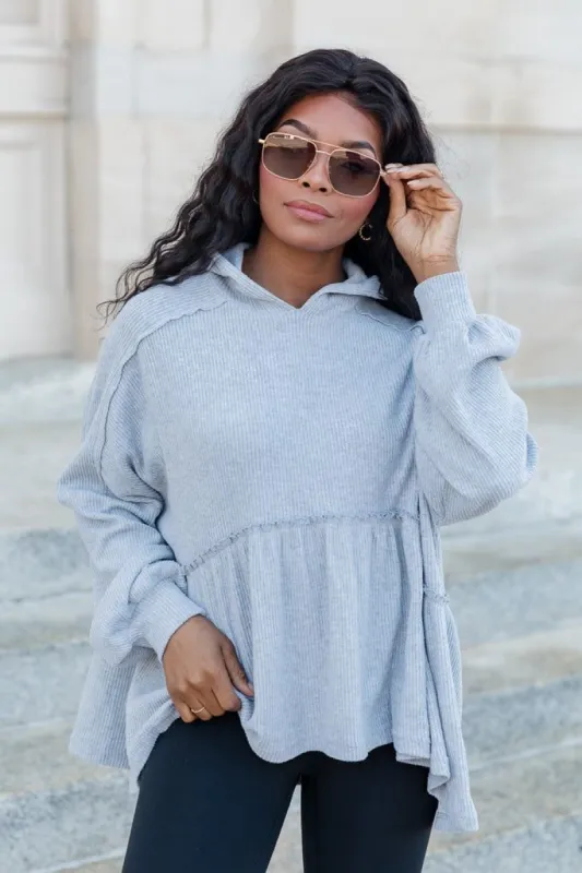 Gotta Get Going Grey Ribbed Knit Hoodie sold by Pink Lily
