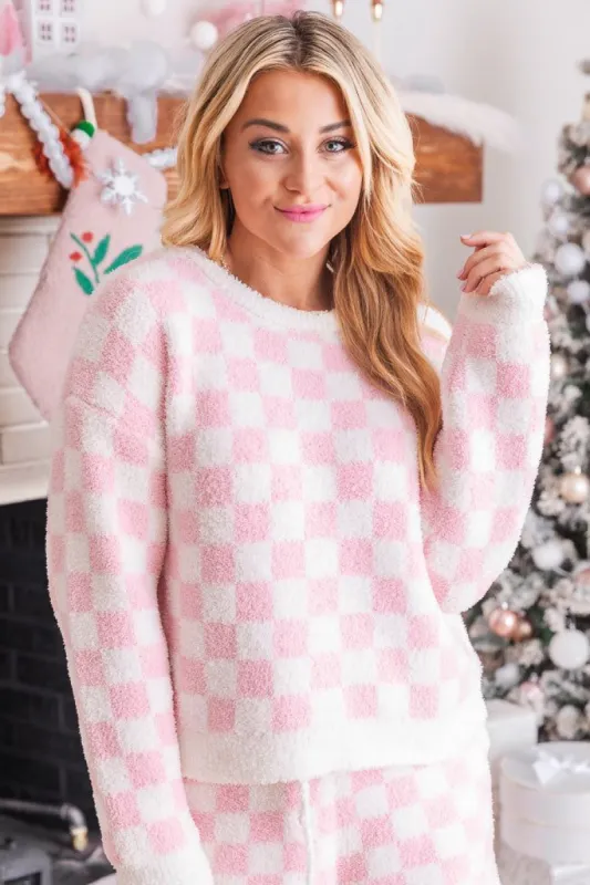 Movies And Chill Fuzzy Pink Checkered Lounge Top FINAL SALE sold by Pink Lily