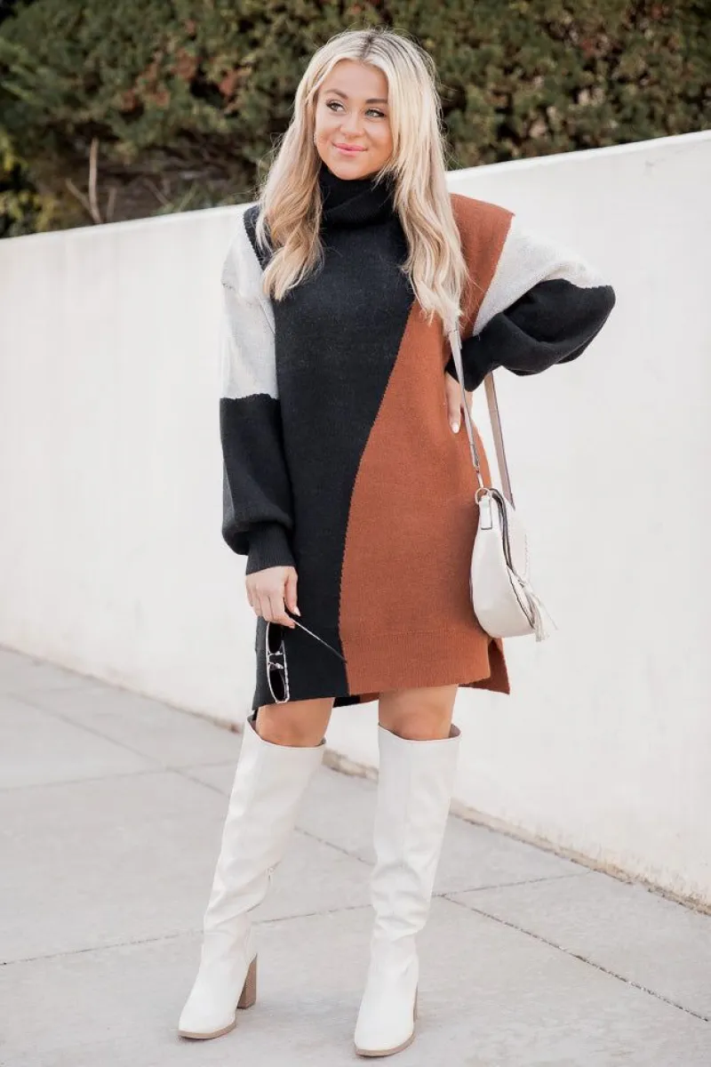 Divide My Time Black and Rust Colorblock Sweater Dress | Parallel