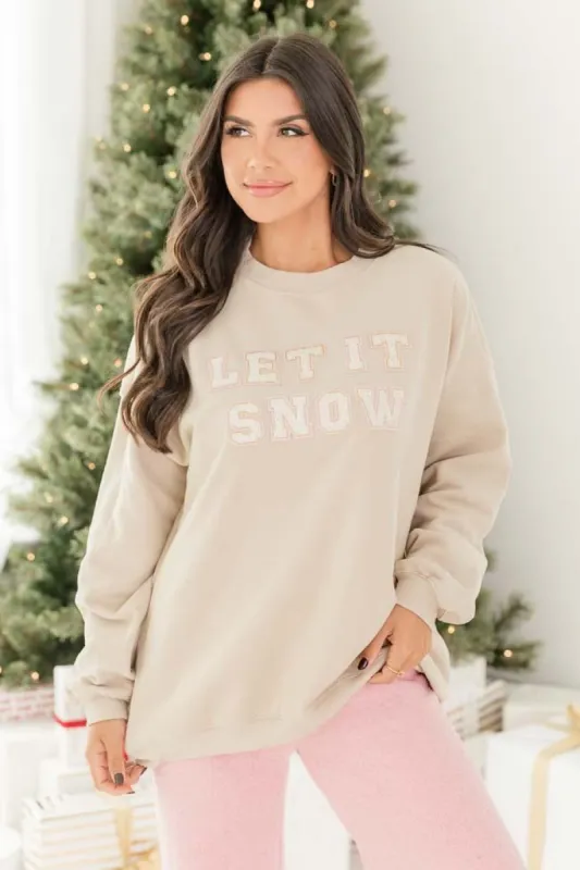 Let it Snow Chenille Patch Ivory Oversized Graphic Sweatshirt FINAL SALE sold by Pink Lily