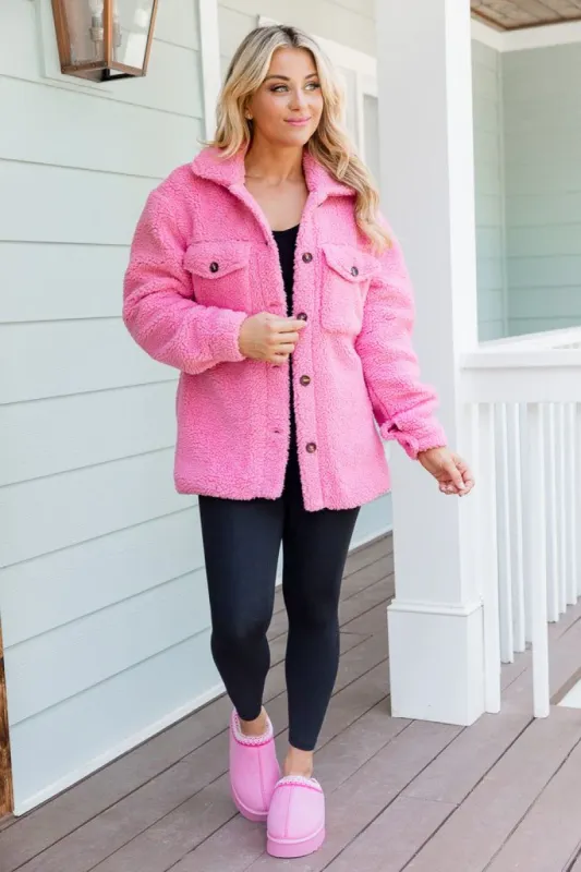 Warm My Heart Pink Sherpa Shacket sold by Pink Lily