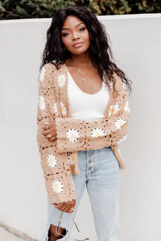 Only Moving Forward Taupe Crochet Cardigan sold by Pink Lily
