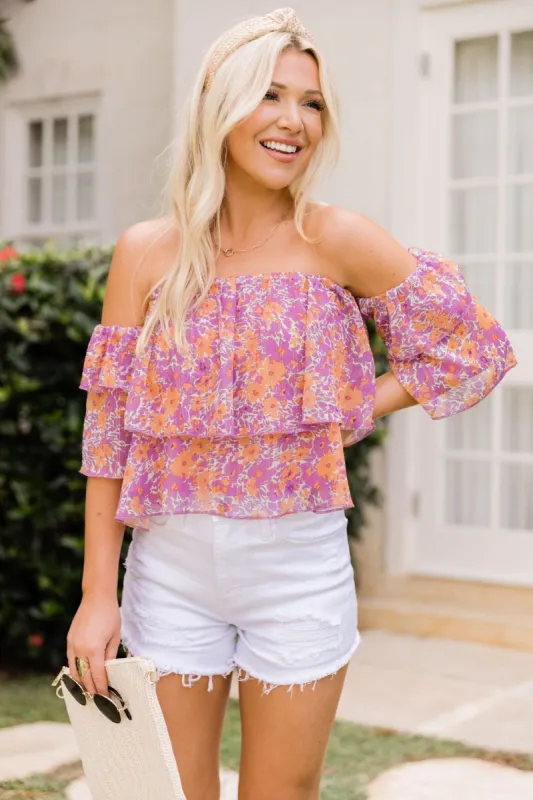 Holding Onto Happiness Purple Watercolor Off The Shoulder Printed Blouse FINAL SALE sold by Pink Lily