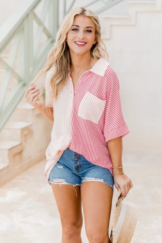 Boat Days Coral and Pink Color Block Textured Button Front Blouse sold by Pink Lily