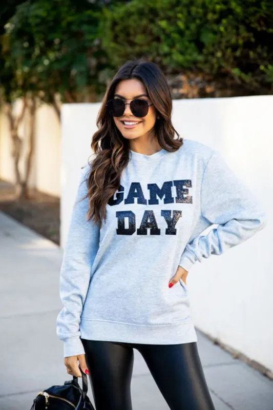 Gameday Chenille Sequins Grey Graphic Sweatshirt FINAL SALE sold by Pink Lily