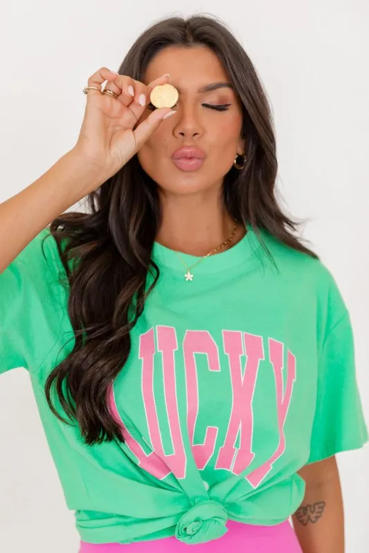 Lucky Block Green Oversized Graphic Tee sold by Pink Lily