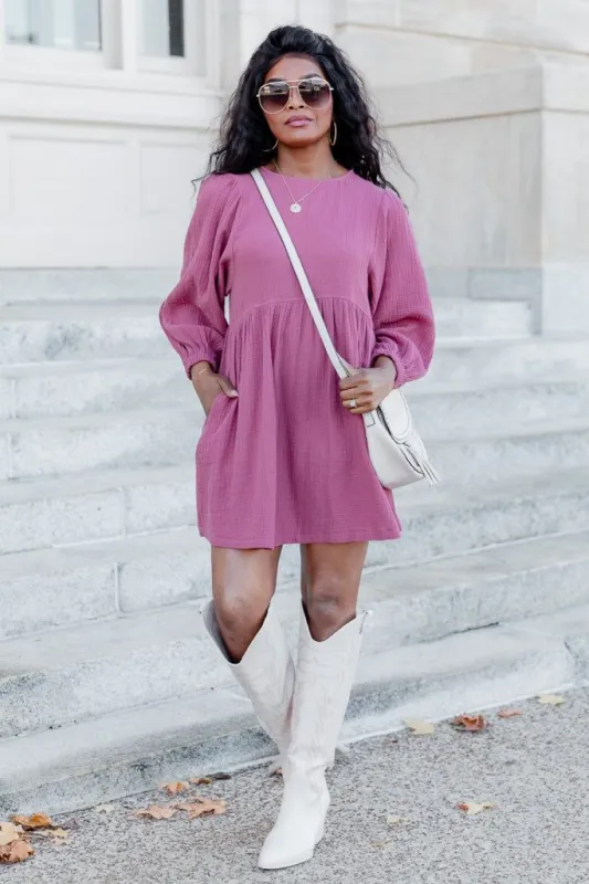 Deserving Praise Mauve Gauze Long Sleeve Mini Dress sold by Pink Lily
