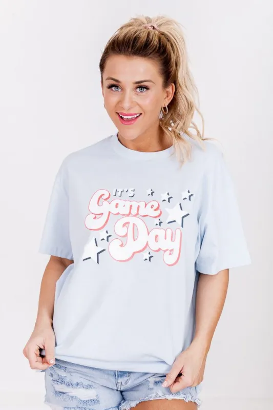 Its Gameday Stars Light Blue Oversized Graphic Tee sold by Pink Lily