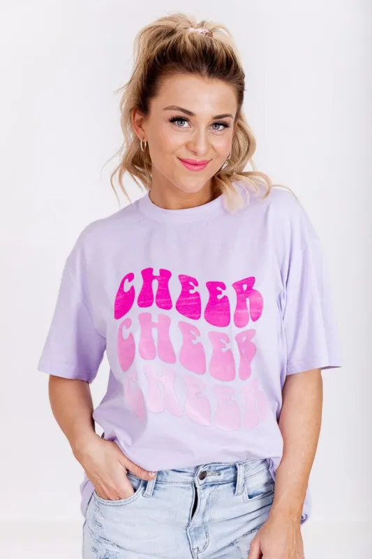 Cheer Repeat Lilac Oversized Graphic Tee sold by Pink Lily