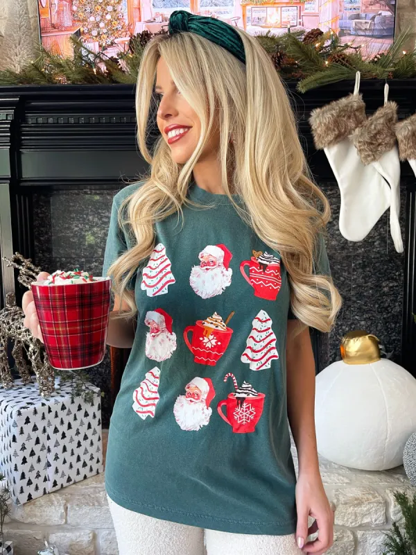 Santa Christmas Cakes Dark Green Comfort Color Graphic Tee Macy Blackwell x Pink Lily sold by Pink Lily