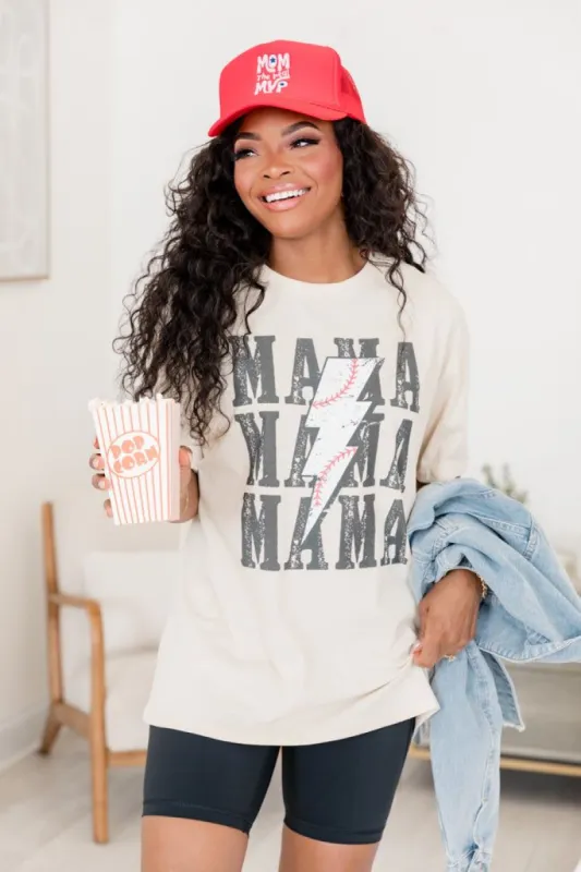 Mama Repeat Baseball Lightning Bolt Ivory Oversized Graphic Tee sold by Pink Lily