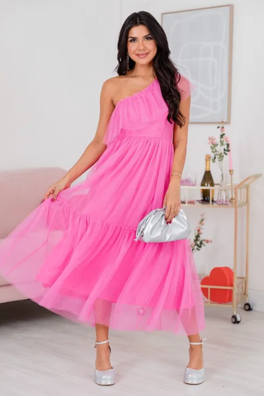 Season Of Love Pink One Shoulder Tulle Midi Dress FINAL SALE sold by Pink Lily