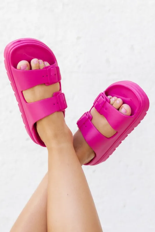 Lana Fuschia Buckle Slide Sandals sold by Pink Lily