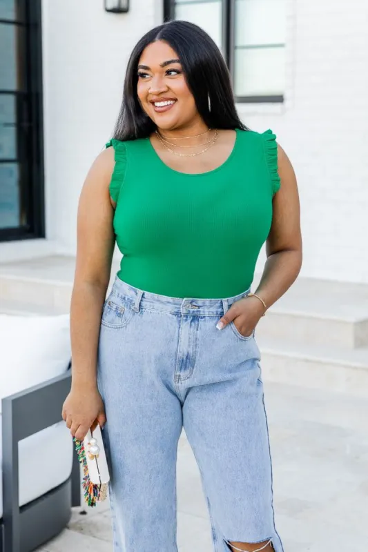 Lead Me Back To You Green Ruffle Detail Ribbed Tank Bodysuit sold by Pink Lily