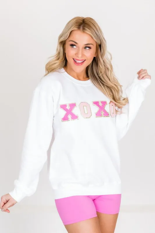 XOXO White Chenille Patch Graphic Sweatshirt FINAL SALE sold by Pink Lily