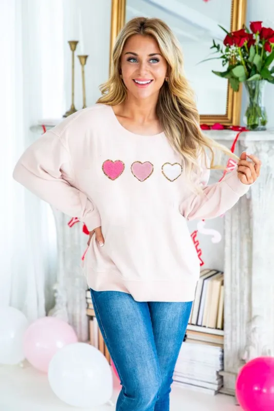 Hearts Pale Pink Chenille Patch Graphic Sweatshirt FINAL SALE sold by Pink Lily