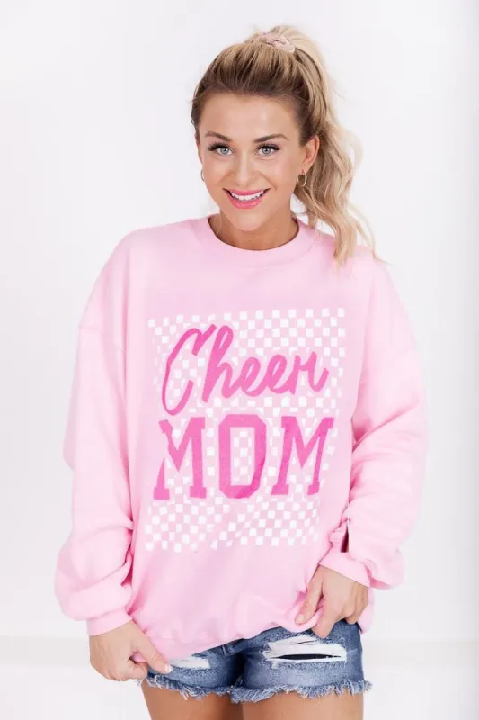 Cheer Mom Checkered Light Pink Oversized Graphic Sweatshirt sold by Pink Lily