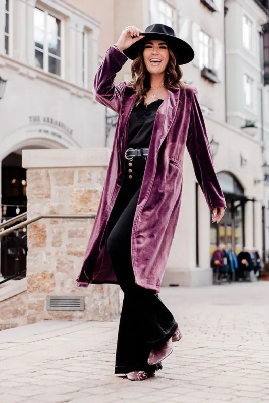 Jolie Plum Velvet Duster Amber Massey X Pink Lily sold by Pink Lily