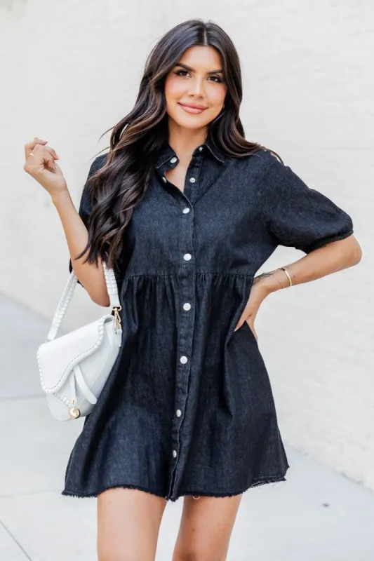 She's Walking Away Black Denim Button Up Mini Dress FINAL SALE sold by Pink Lily