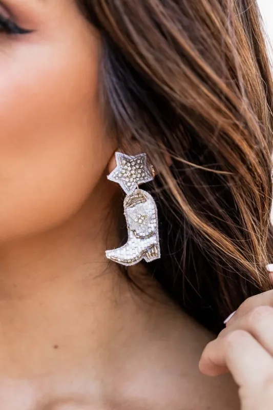 Give You The Boot White Cowboy Boot Beaded Earrings sold by Pink Lily