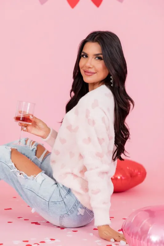 Love Struck Blush Fuzzy Heart Sweater FINAL SALE sold by Pink Lily