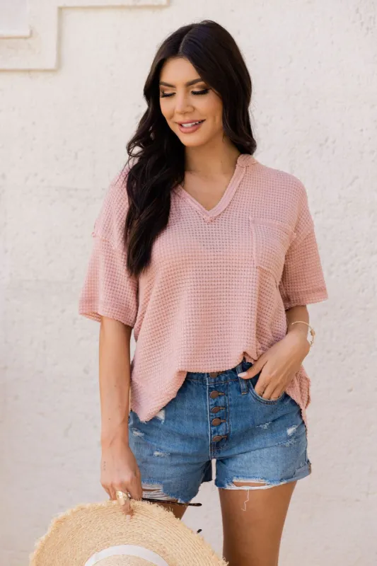Better This Way Blush Waffle Notched Neck Blouse FINAL SALE sold by Pink Lily