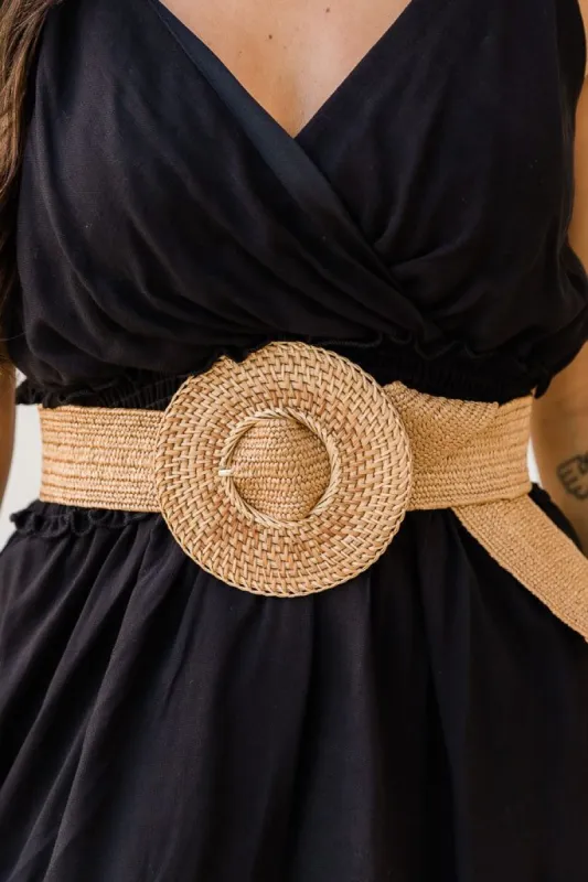Love By The Coast Cognac Woven Buckle Rattan Belt sold by Pink Lily