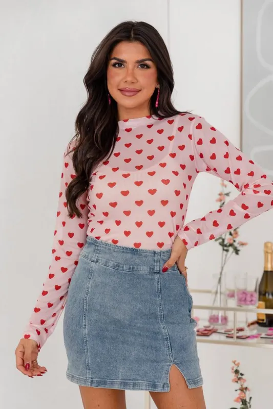 One True Love Heart Print Mesh Long Sleeve Tee With Cami Lining made by Pink Lily