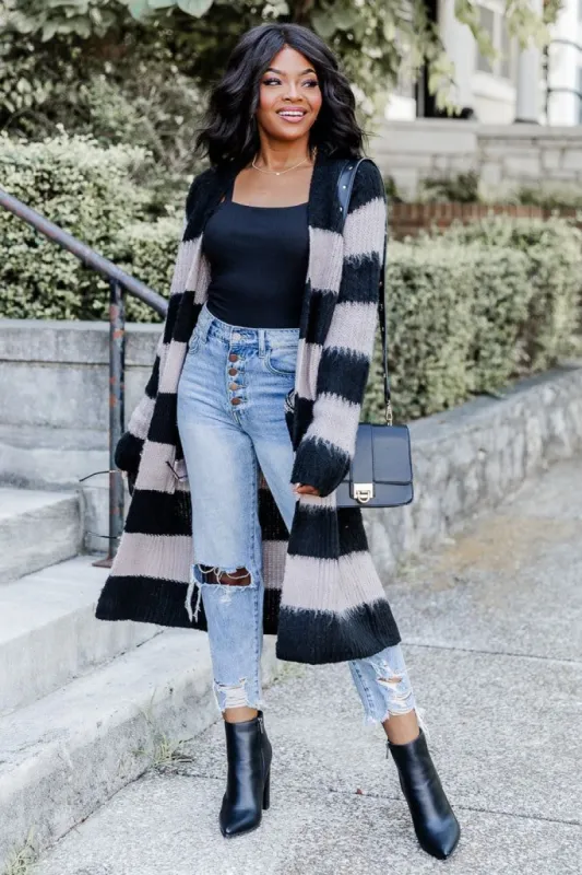 Come And Go Beige And Black Long Striped Cardigan FINAL SALE sold by Pink Lily