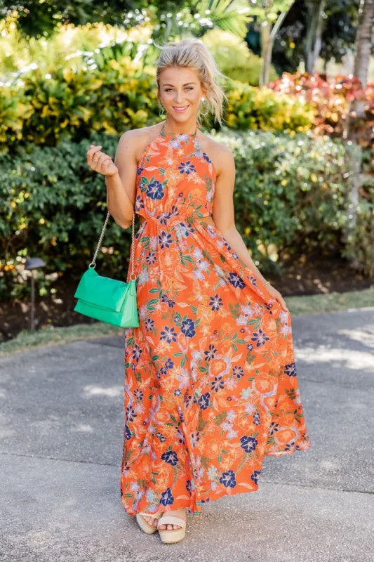 Always On The Sunny Side Orange Floral Halter Maxi Dress FINAL SALE sold by Pink Lily