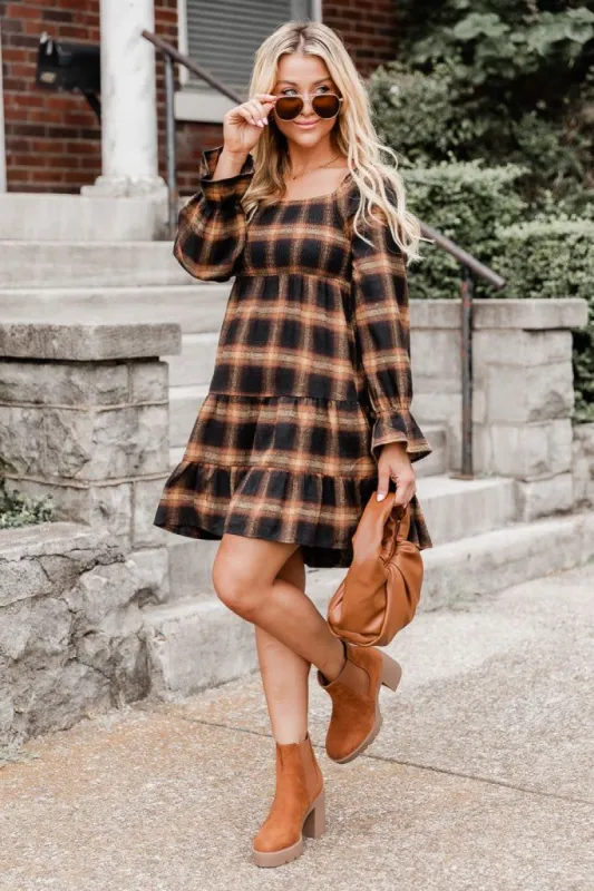 Your Time To Shine Brown Plaid Long Sleeve Smocked Bust Mini Dress sold by Pink Lily