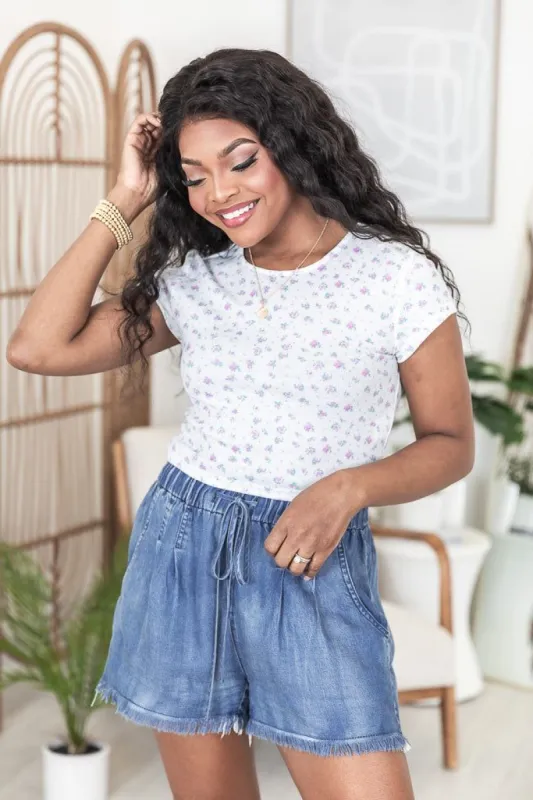 Always Look Ahead Ivory and Purple Floral Ribbed Baby Tee FINAL SALE sold by Pink Lily