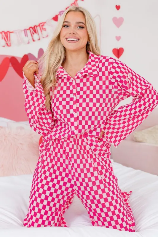 Dreaming About You Pink Checkered Plisse Button Up Top and Pants Set FINAL SALE sold by Pink Lily