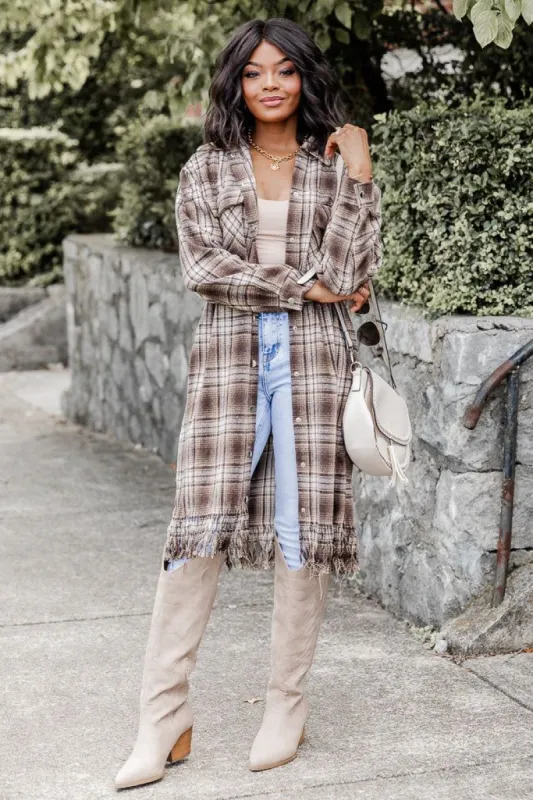 Feel Free Brown Fringe Hem Long Plaid Shacket FINAL SALE made by Pink Lily