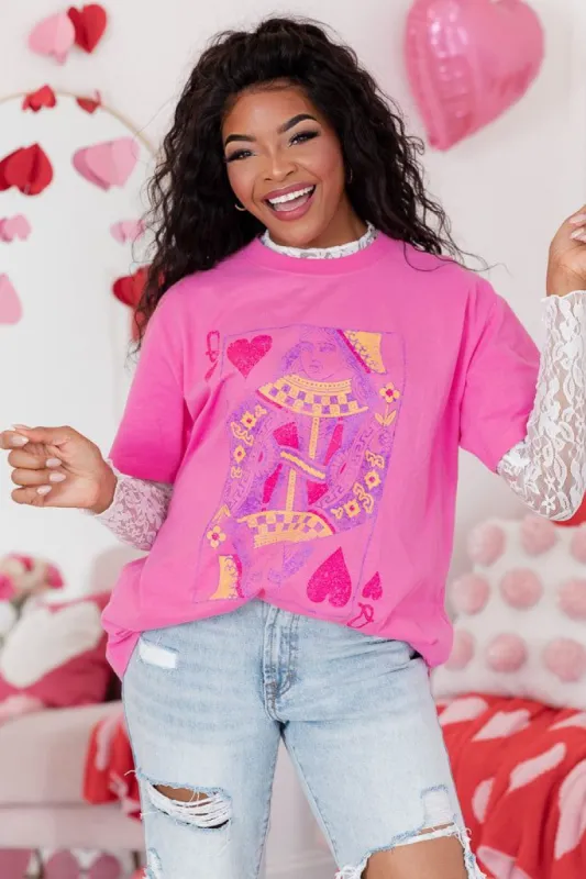 Queen of Hearts Hot Pink Oversized Graphic Tee sold by Pink Lily