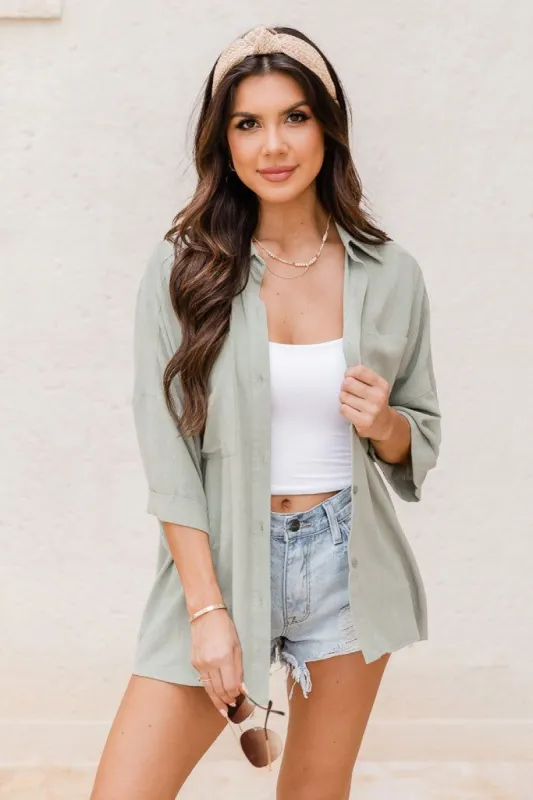 On Cloud Nine Sage Short Sleeve Button Front Cotton Blend Shirt sold by Pink Lily