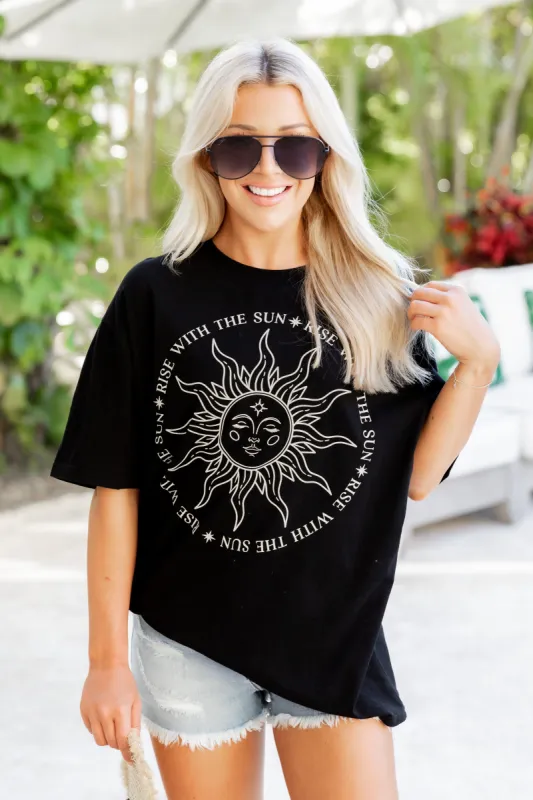 Rise with the sun Black Oversized Graphic Tee sold by Pink Lily