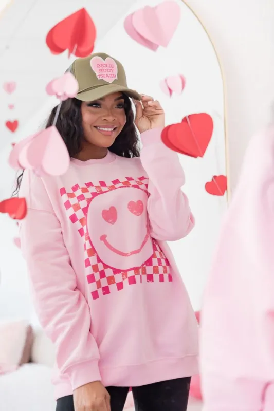 Pink Checkered Smiley Light Pink Oversized Graphic Sweatshirt sold by Pink Lily
