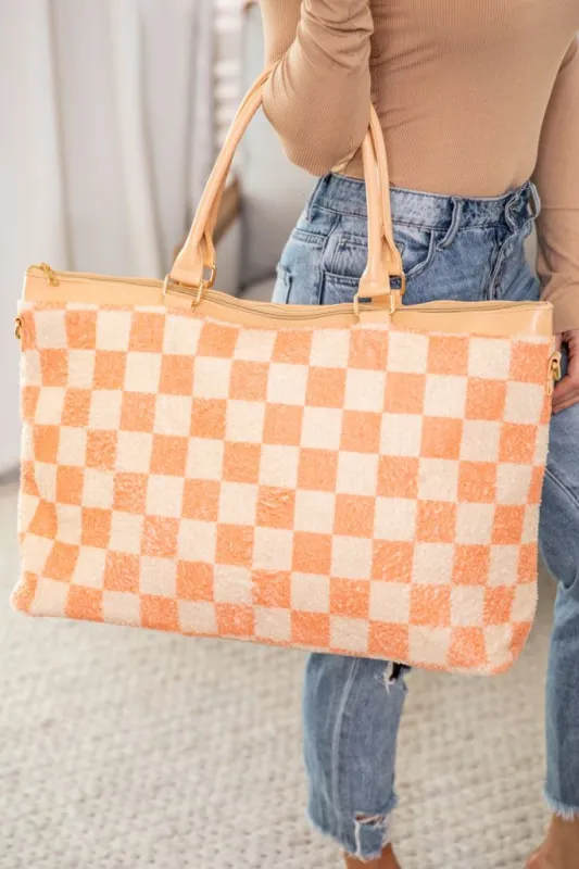 Fuzzy Orange Checkered Tote Bag FINAL SALE sold by Pink Lily