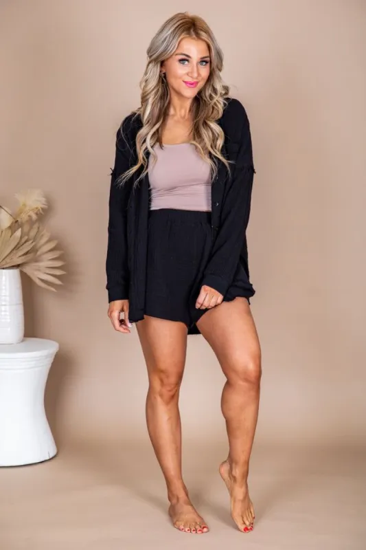 Open Mentality Black Gauze Shorts sold by Pink Lily