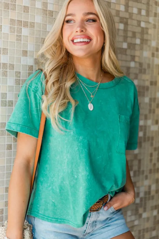 Lucky You Green Acid Wash Pocketed T-Shirt sold by Pink Lily