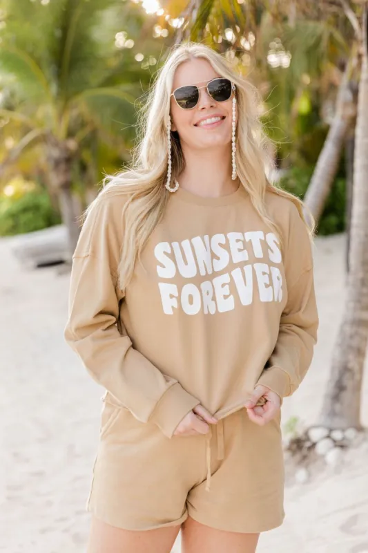 Sunsets Forever Tan Cropped Graphic Sweatshirt made by Pink Lily