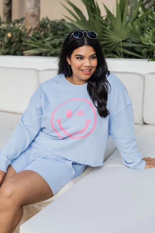 Sunny Smiley Periwinkle Cropped Graphic Sweatshirt sold by Pink Lily