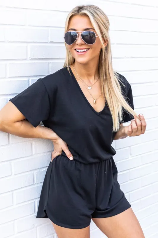 Perfectly Imperfect Black V-Neck Romper FINAL SALE sold by Pink Lily