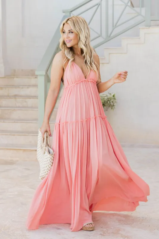 Daybreak Skyline Coral Halter Maxi Dress sold by Pink Lily