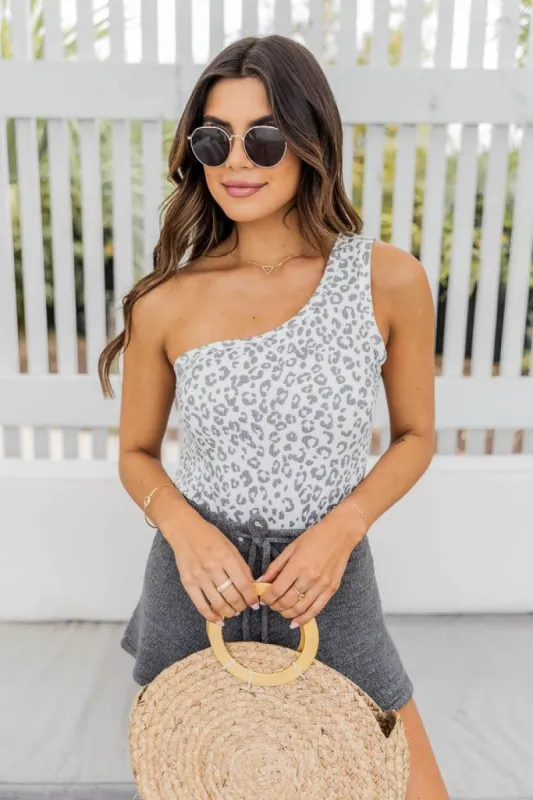 Perfect Example Ivory/Grey One Shoulder Leopard Bodysuit FINAL SALE sold by Pink Lily