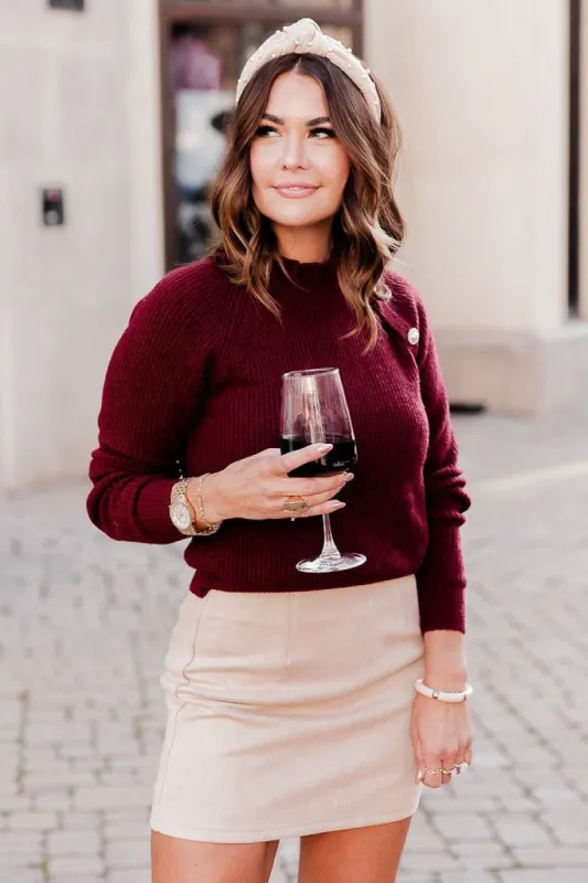 Wine Down Merlot Ruffle Mock Neck Sweater sold by Pink Lily