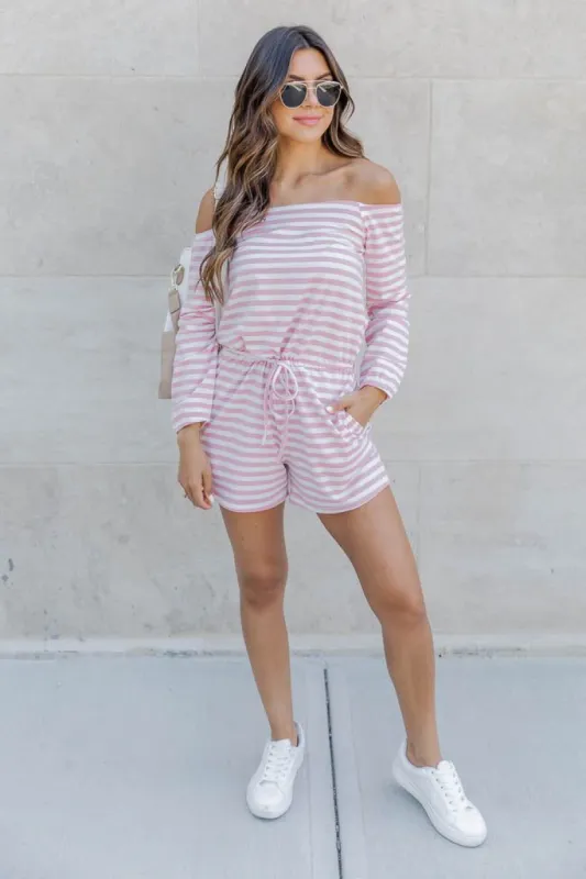 In Another Life Pink/White Stripe Boatneck Romper FINAL SALE sold by Pink Lily